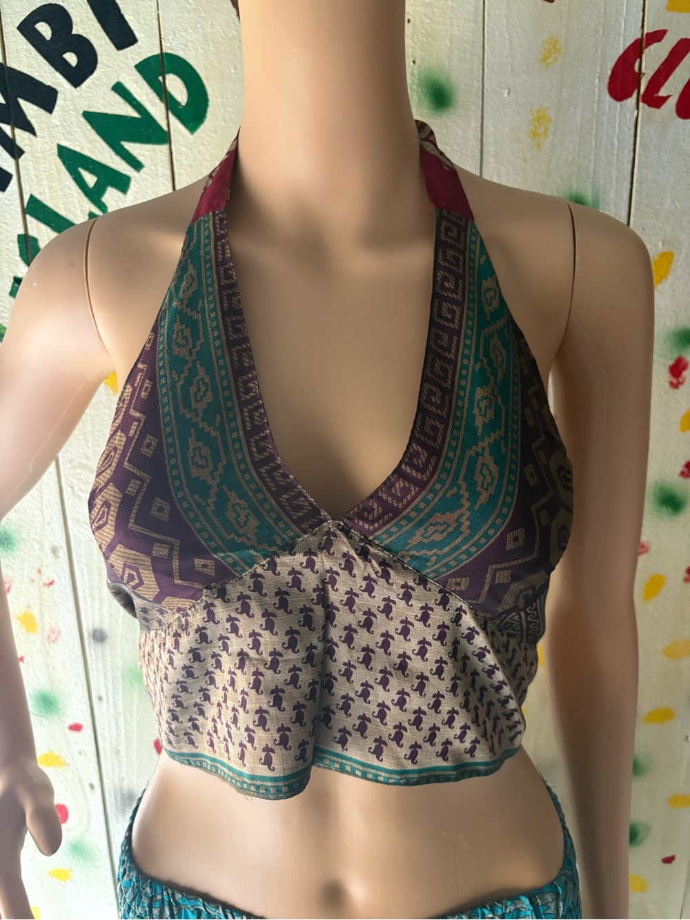 Boho Halter Crop Top in Teal and Purple. Doble use top.